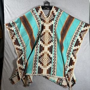 Milmarte 100% Wool Poncho O/S Aztec Teal Rust Tan Peguche Otavalo Ecuador Cowboy